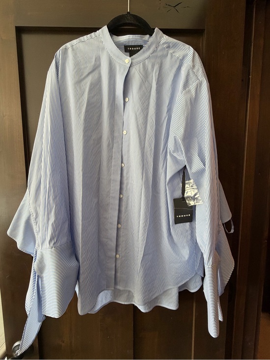 Trouve Tops - Trouvé NWT Blue White Striped Band Collar Blouse Ruffle Tie Sleeve Large